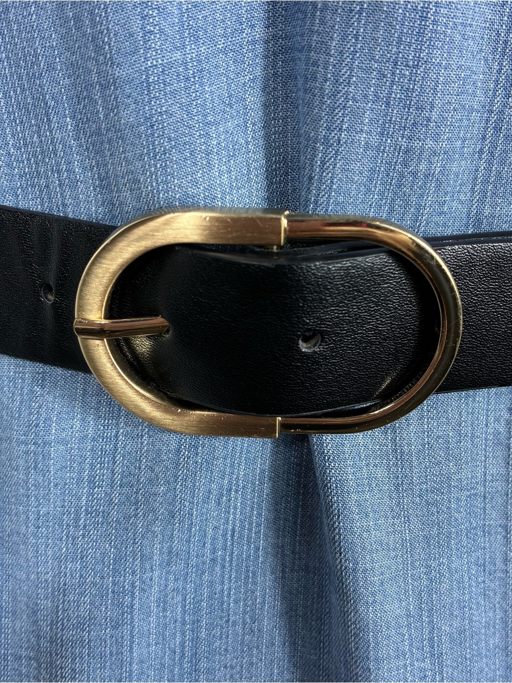 Womens belt 38” long black faux leather gold oval buckle Corpcore